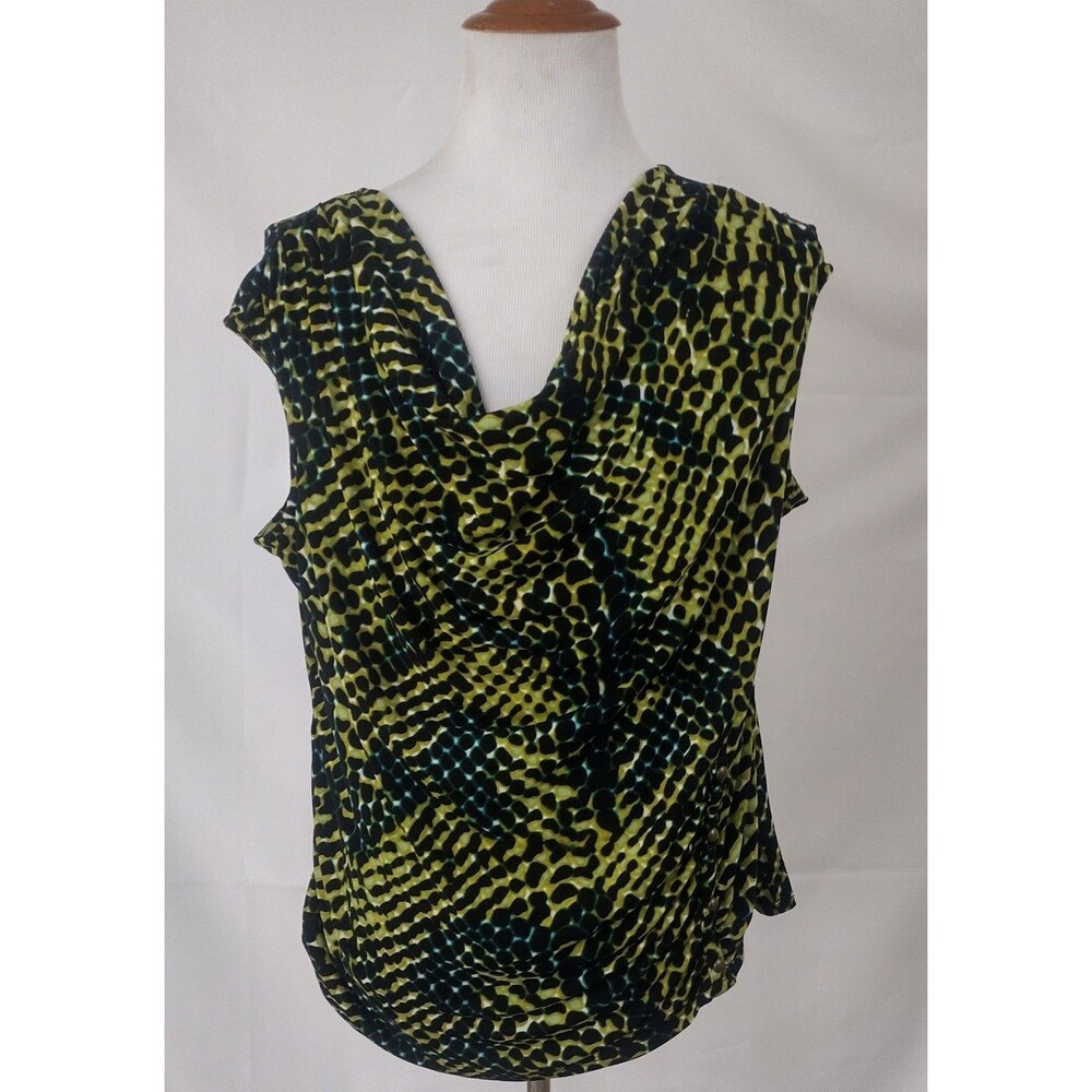 Worthington Women's 2X Draped Cowl Neck Blouse Green Geometric Print Business